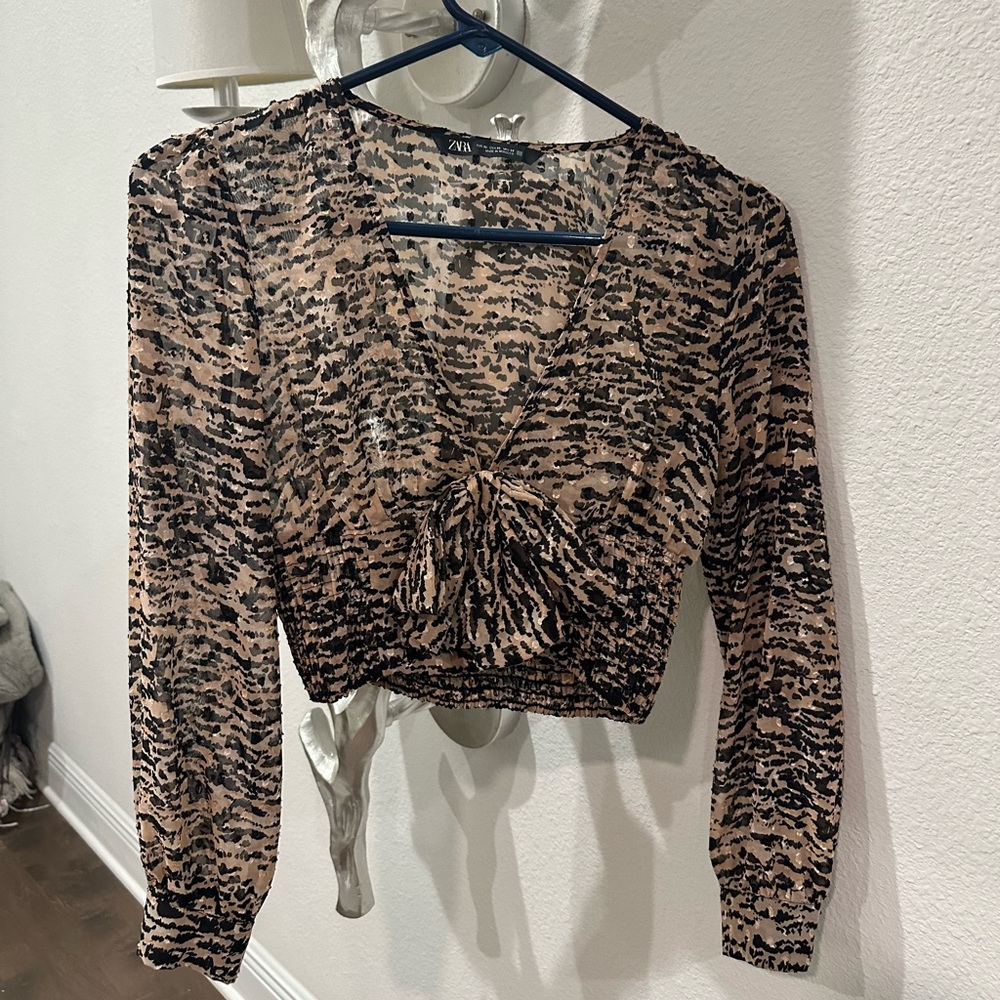 Zara cropped bow tie long sleeve printed blouse sheer animal print blush leopard